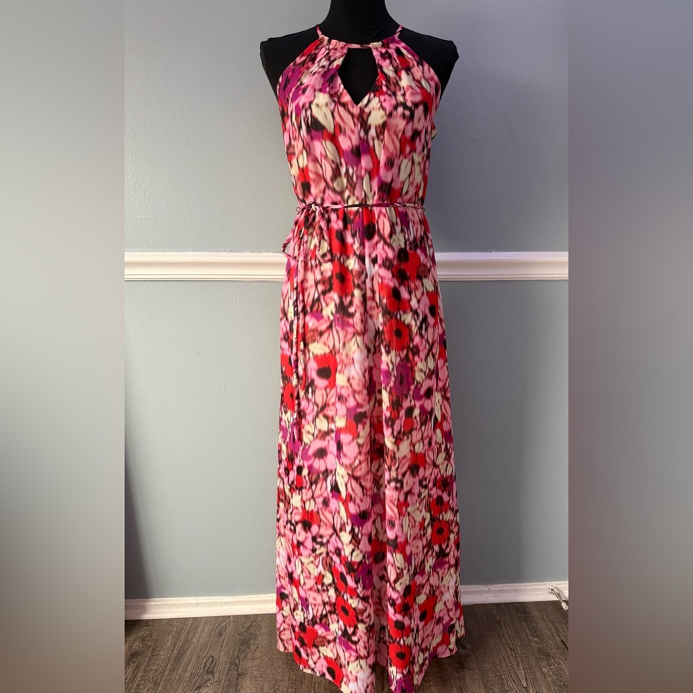 Maggy London Pink and Red Floral Maxi Dress 8